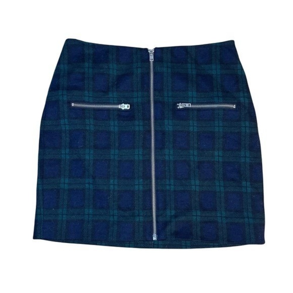 Madewell Plaid Mini Skirt Dark Green Navy Blue Zip Front Wool Blend Size 4